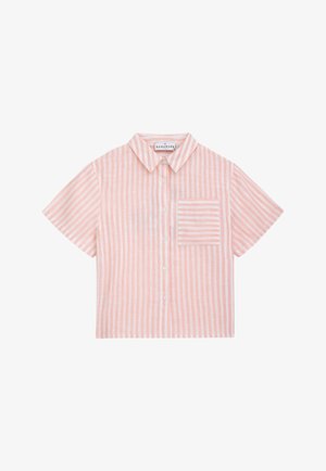 Kurzärmeliges Hemd aus Leinen mit hellrosa und weißen Streifen. Verfügt über einen Kragen, eine durchgehende Knopfleiste vorne und eine Brusttasche.