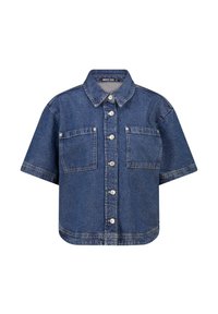 Giacca in denim blu a maniche corte con due tasche frontali, chiusura con bottoni e colletto. Cuciture distintive lungo le cuciture.