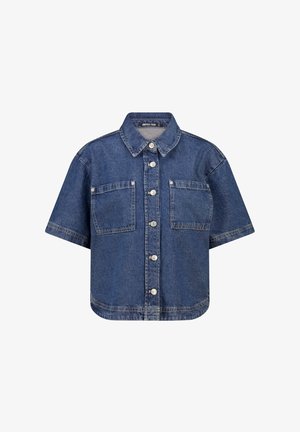 Short-sleeve blue denim jacket with two front pockets, button closure, and a collar. Distinctive stitching along the seams.