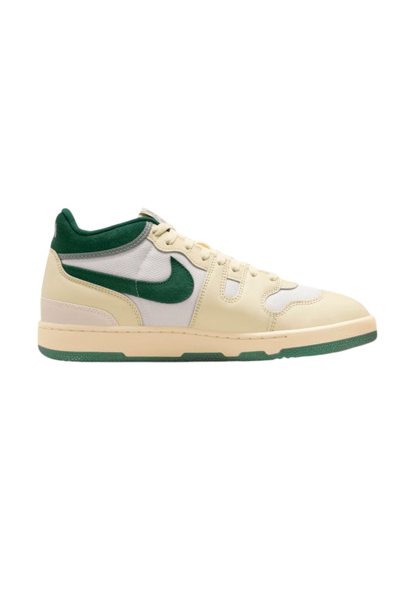 High-top sneaker in beige, with green accents. Features a mesh and leather upper, round toe, and a textured rubber sole.