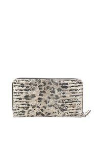 Textured wallet in a beige and black reptile pattern, featuring a zip closure and a small tag on the side. Slim rectangular shape.
