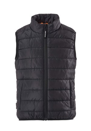 Czarna pikowana bezrękawnikowa kamizelka puchowa z przednim zamkiem błyskawicznym i stójką, z bocznymi kieszeniami i metką na zamku z napisem "Denim Factory".