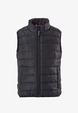 Juodas siuvinėtas be rankovių pūstinis liemenė su priekiu užtrauktuku ir stovianteliu apykakle, su šoninėmis kišenėmis ir „Denim Factory“ užtrauktuko žymekliu.