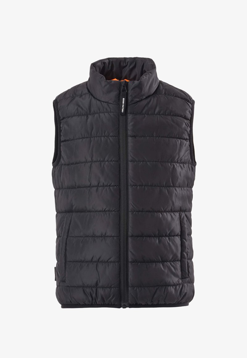 Čierna prešívaná vesta bez rukávov s predným zipsom a stojacím golierom, vybavená bočnými vreckami a značkou na zips "Denim Factory".