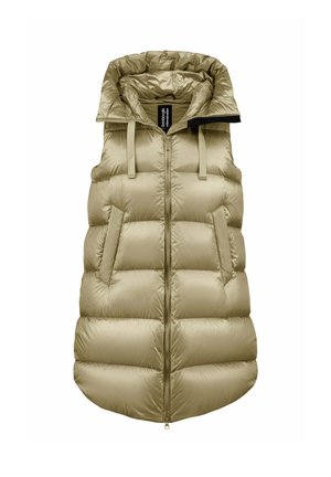 Beige gewatteerd mouwloos vest met capuchon, voorritssluiting en zijzakken, ontworpen voor koud weer.
