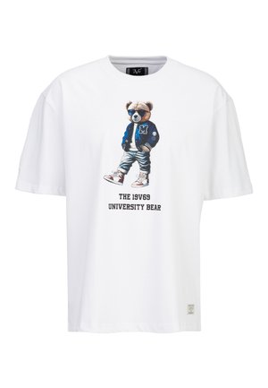 White T-shirt featuring a cartoon bear wearing sunglasses, a blue varsity jacket, jeans, sneakers, and text "THE 19V69 UNIVERSITY BEAR."