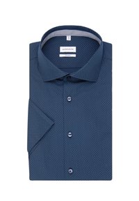 Granatowa koszula w białe kropki, z kołnierzykiem zapinanym na guziki i pasującymi guzikami. Posiada pojedynczy mankiet o gładkiej fakturze.