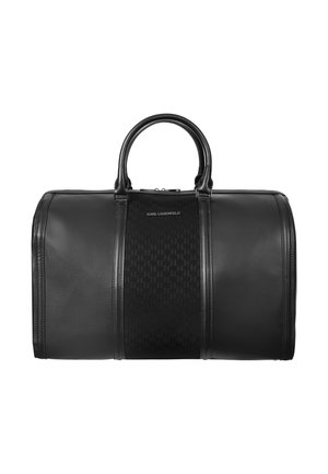 Schwarze Karl Lagerfeld Reisetasche mit Ledergriffen und einem zentralen gemusterten Stoffpaneel mit Logo-Schriftzug.
