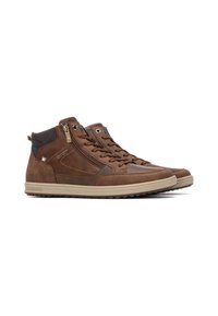 Zapatillas altas de cuero marrón con una cremallera en el lateral, parte delantera con cordones y suela de goma beige. Presentan paneles texturizados para contraste.