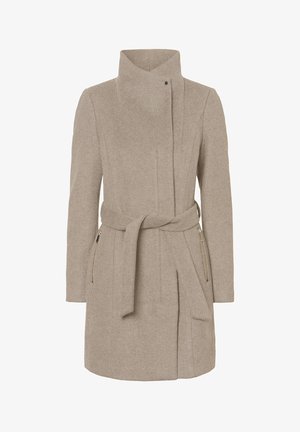 Beige wool coat with a high collar, belt at the waist, and side zippers. Features a tailored design and subtle texture.