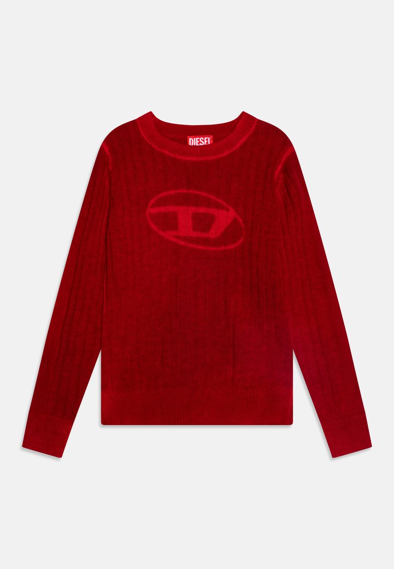 Suéter vermelho com nervuras, de mangas longas e decote redondo. Apresenta um logotipo subtil impresso ao centro. Tecido suave com uma silhueta ajustada.