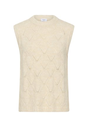 Krémová pletená vesta bez rukávů s diamantovým vzorem škvír a žebrovaným límcem a lemem.