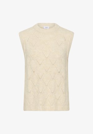 Krémová pletená vesta bez rukávů s diamantovým vzorem škvír a žebrovaným límcem a lemem.