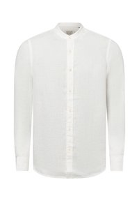 White linen long-sleeve shirt with a Mandarin collar, front button placket, and slightly rounded hem. Fabric has a subtle texture.
