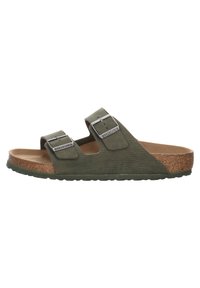 Olive green sandals with two adjustable straps and silver buckles. Cork footbed with a textured, rubber outsole. Flat design for comfort.