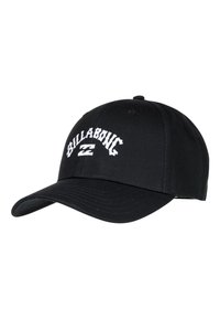Gorra negra de algodón con visera curva. Presenta el logotipo "Billabong" bordado en blanco en la parte frontal con una fuente estilizada y en negrita.