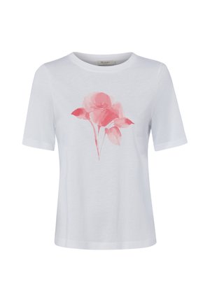 Weißes T-Shirt mit kurzen Ärmeln und einem rosafarbenen Aquarellblumendesign auf der Vorderseite sowie rundem Ausschnitt.