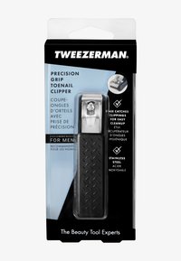 Tweezerman precisie grip teennagelknipper met handvat van zwart textuur, roestvrijstalen mes en opvangbak voor knipafval, aanbevolen voor mannen.