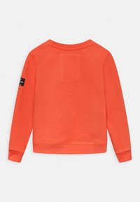 Orange sweatshirt med rund halsringning, långa ärmar och en fyrkantig lappar på baksidan. En etikett är synlig på vänster ärm.