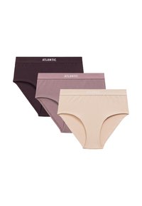 Zestaw trzech damskich majtek z mieszanki bawełny, w kolorach: ciemny fiolet, mauve i beż. Każde posiada miękki pas z logo „ATLANTIC”.