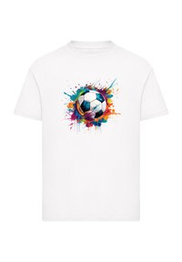 White cotton t-shirt featuring a colorful graphic of a soccer ball surrounded by vibrant splashes in blue, orange, and pink.