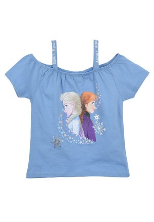 Light blue cotton t-shirt with off-the-shoulder design, featuring Elsa and Anna prints with silver accents and star patterns.