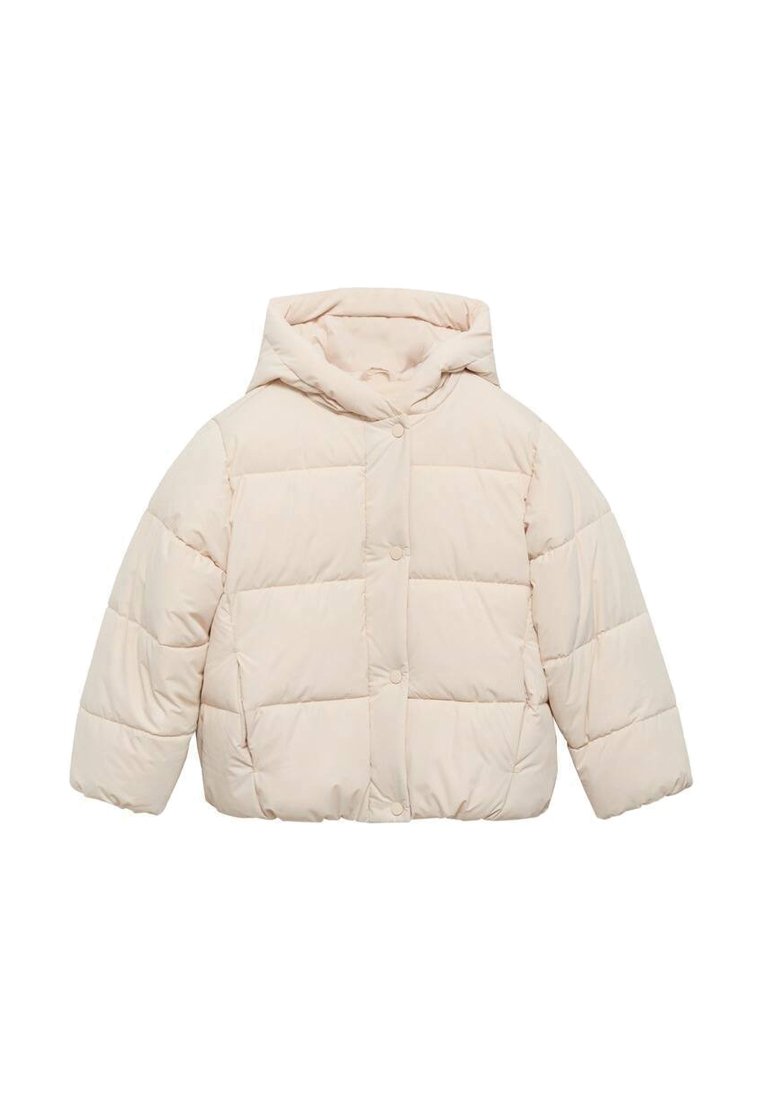 Veste matelassée crème avec capuche, fermeture à boutons, rembourrage matelassé et manches larges. Texture lisse avec un léger éclat.
