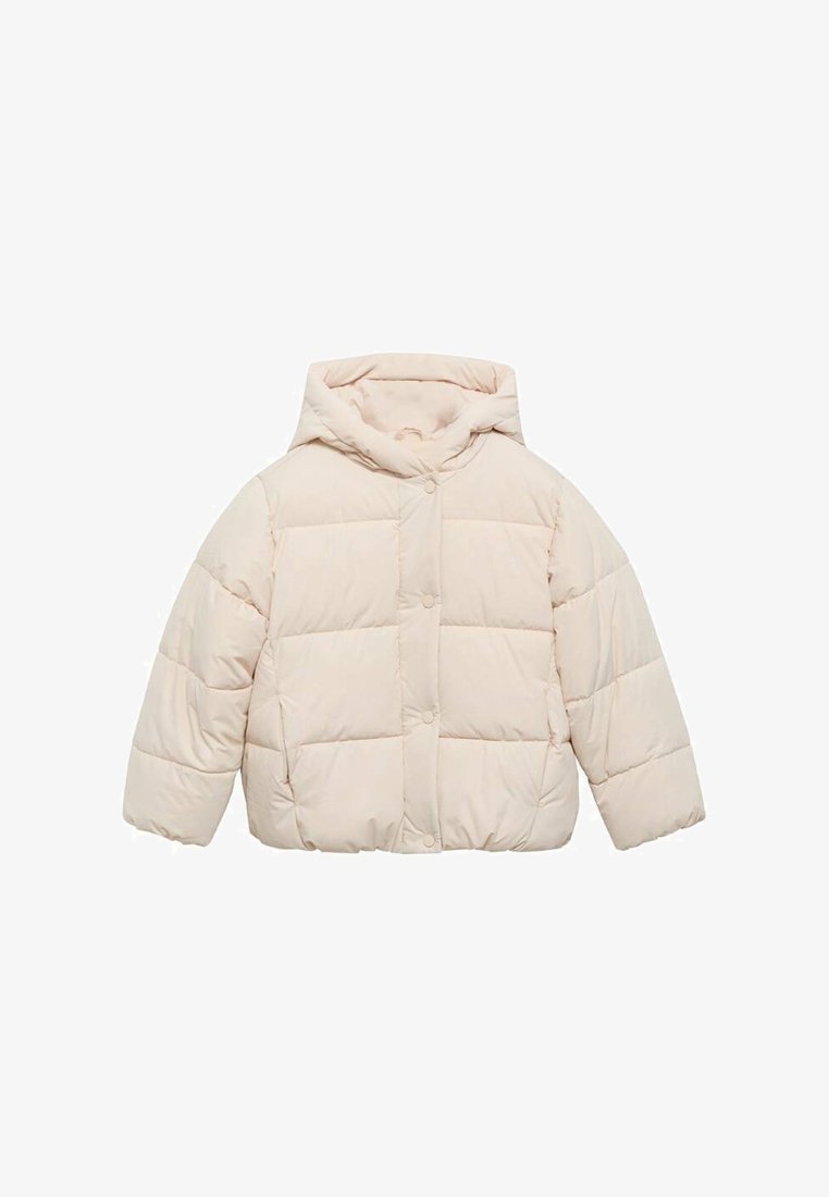 Veste matelassée crème avec capuche, fermeture à boutons, rembourrage matelassé et manches larges. Texture lisse avec un léger éclat.