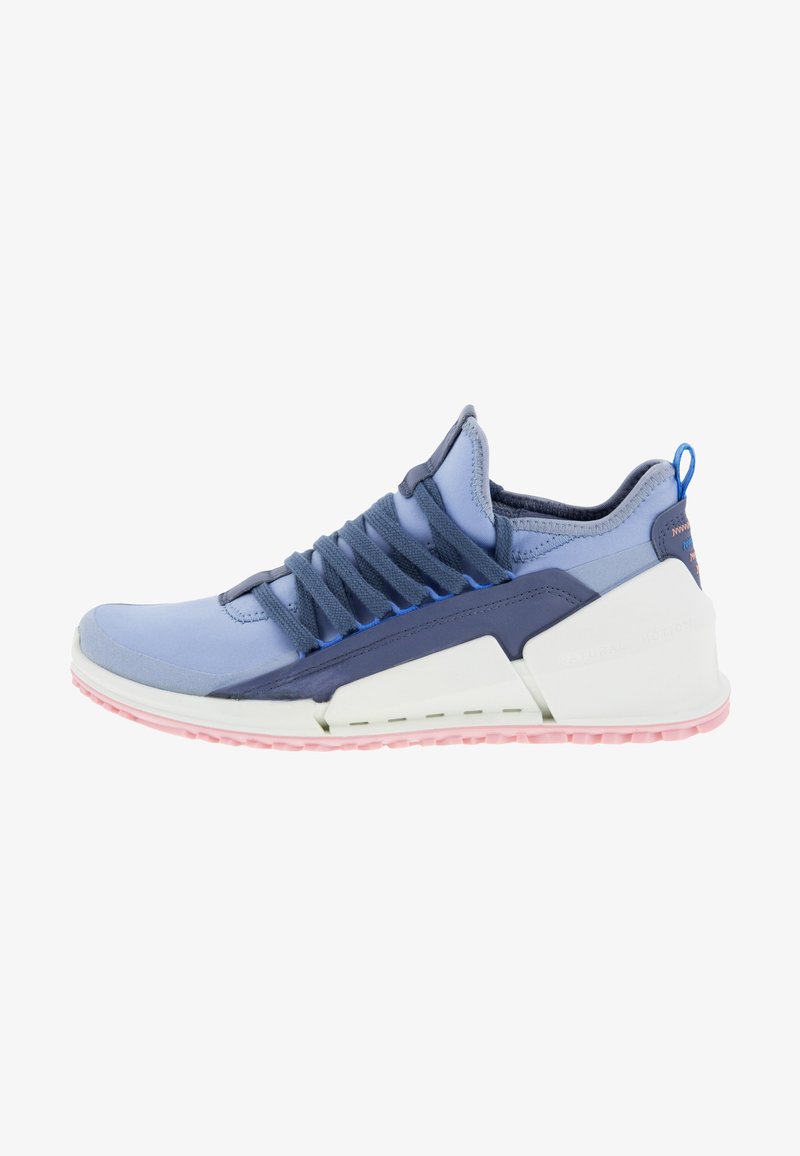 Sport shoe in blue and navy, featuring a stretch mesh upper, rubber outsole, elastic laces, and a white midsole with pink accents.