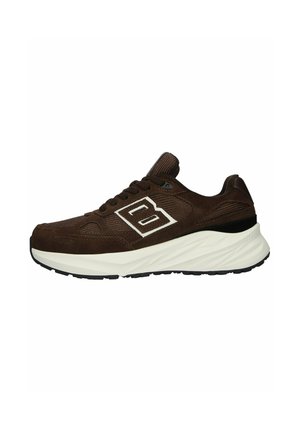 Brown athletic shoe with a mesh and suede upper, featuring a white logo, thick white midsole, textured outsole, and padded tongue.