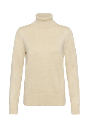 Krém színű garbó pulóver puha kötött anyagból. Hosszú ujjaival, bordás mandzsettával és alsó résszel rendelkezik, és egyszerű, letisztult dizájn jellemzi.