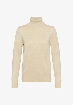 Crème coltruien gemaakt van zachte gebreide stof. Heeft lange mouwen, geribbelde manchetten en zoom, en een eenvoudig, strak ontwerp.