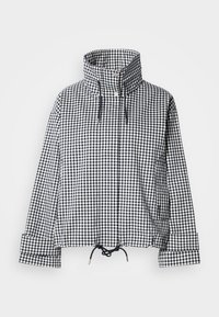 Μαύρο και άσπρο καρό μπουφάν με ψηλό γιακά, κουμπιά μπροστά με κούμπωμα, ρυθμιζόμενο στρίφωμα με κορδόνι και μακριά μανίκια με λεπτομέρειες ριγέ μανσέτας.