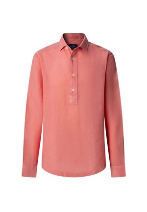 Long-sleeve shirt in light coral, made of lightweight fabric. Features a buttoned neckline and a relaxed fit. Button accents at cuffs.