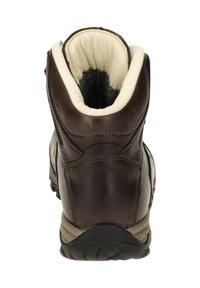 Botte de randonnée en cuir marron avec un design à cheville haute, doublure de col crème, semelle en caoutchouc texturée et détails de couture visibles.