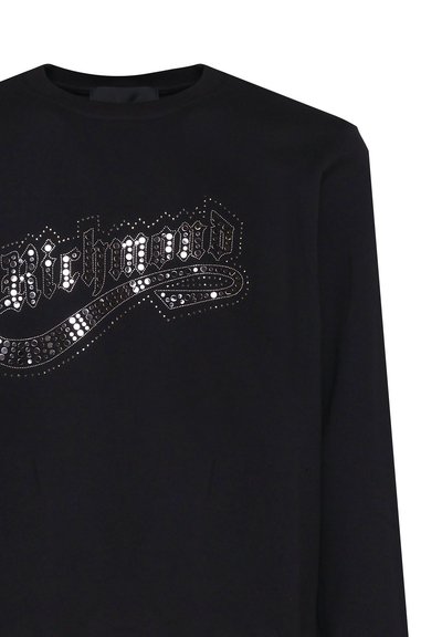 Maglietta nera a maniche lunghe con la scritta "Richmond" in borchie argento lungo un design ondulato, realizzata in tessuto morbido e allungabile.
