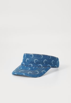 Denim visor cap featuring a light blue wave pattern, with contrasting stitching, a wide brim, and a structured design.