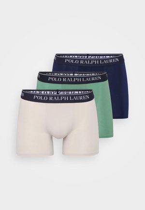 Trei perechi de boxeri pentru bărbați, în nuanțe de crem, verde și bleumarin, având un elastic negru cu logo-ul alb "POLO RALPH LAUREN". Design slim fit.