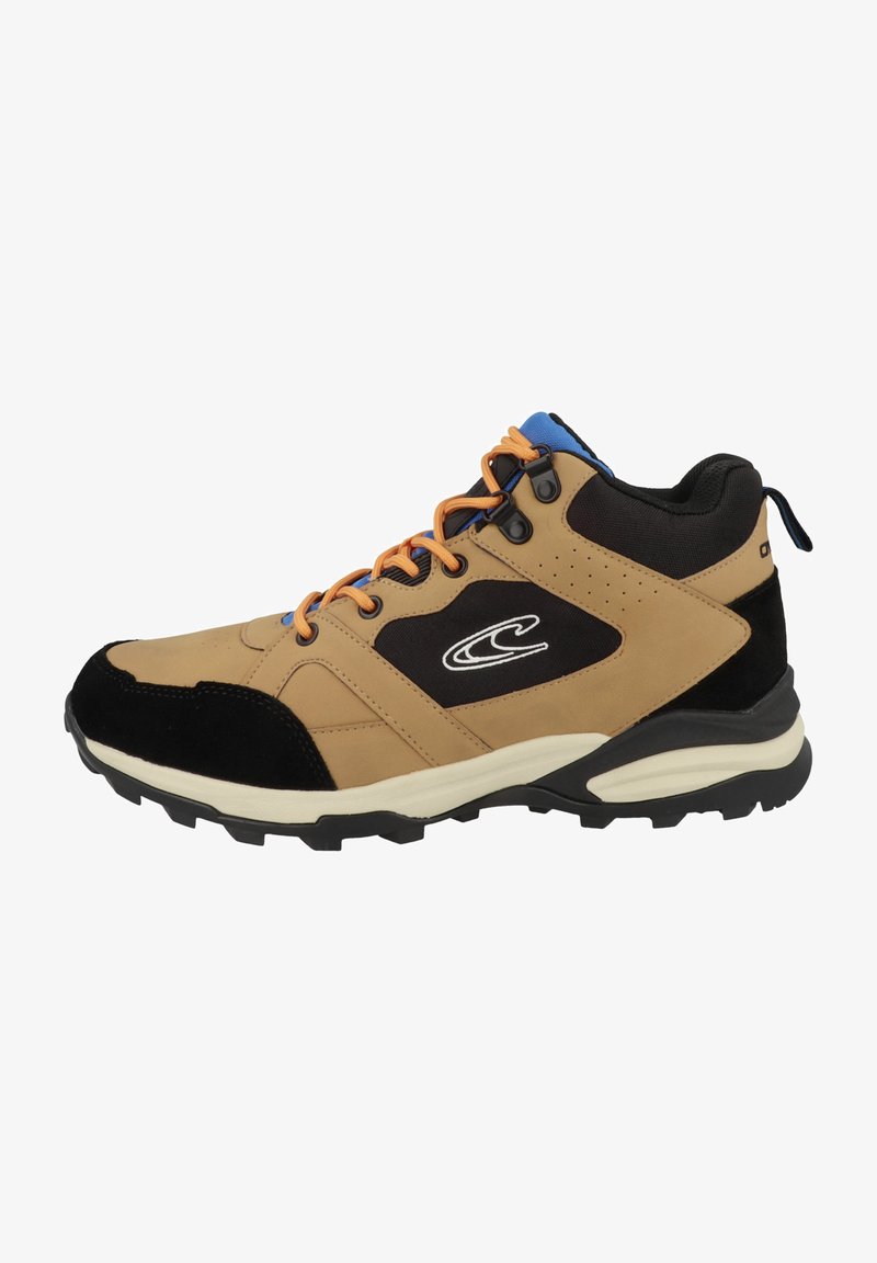 Jasnobrązowe i czarne buty trekkingowe z wyściełanym kołnierzem, sznurowanym zapięciem, pomarańczowymi sznurówkami i solidną podeszwą zapewniającą przyczepność; logo po boku.