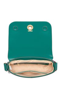 Grüne Ledertasche mit glatter Oberfläche, goldenen Hardwareelementen und einem Innenfutter aus beigem Stoff mit einem dezenten Muster.