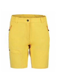 Pantalones cortos amarillos de tejido ligero, con cinturilla elástica, bolsillos laterales con cremalleras de colores y una textura suave.