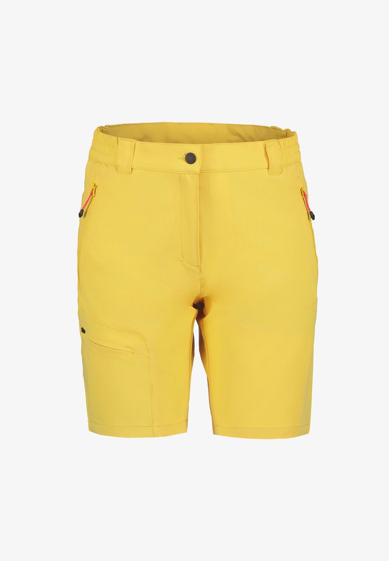 Gelbe Shorts aus leichtem Stoff, mit einem elastischen Bund, Seitentaschen mit bunten Reißverschlüssen und einer glatten Textur.