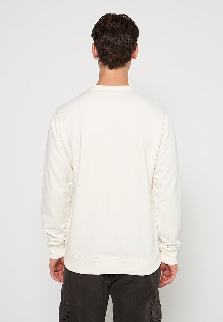 Felpa color crema chiaro con maniche lunghe, scollo rotondo, polsini e orlo a coste. Tessuto morbido, vista posteriore.