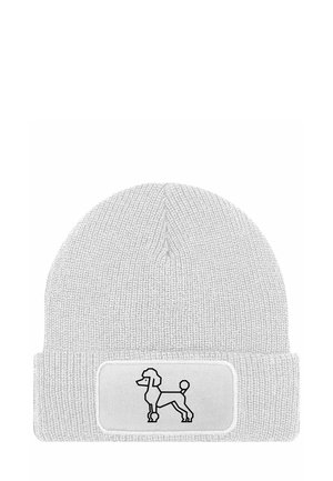 Gray knit beanie with a folded cuff featuring a white patch with a graphic of a poodle outlined in black. Textured knit pattern.