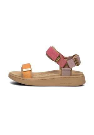 Sandalia juvenil con suela color cuero y tiras ajustables con purpurina en naranja, rosa y lavanda, con detalles de hebilla en tono dorado.