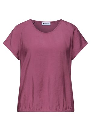 Lyhythihainen naisten liila pusero pyöreällä pääntiellä ja kevyesti kerätyllä helmalla, valmistettu kevyestä kankaasta.