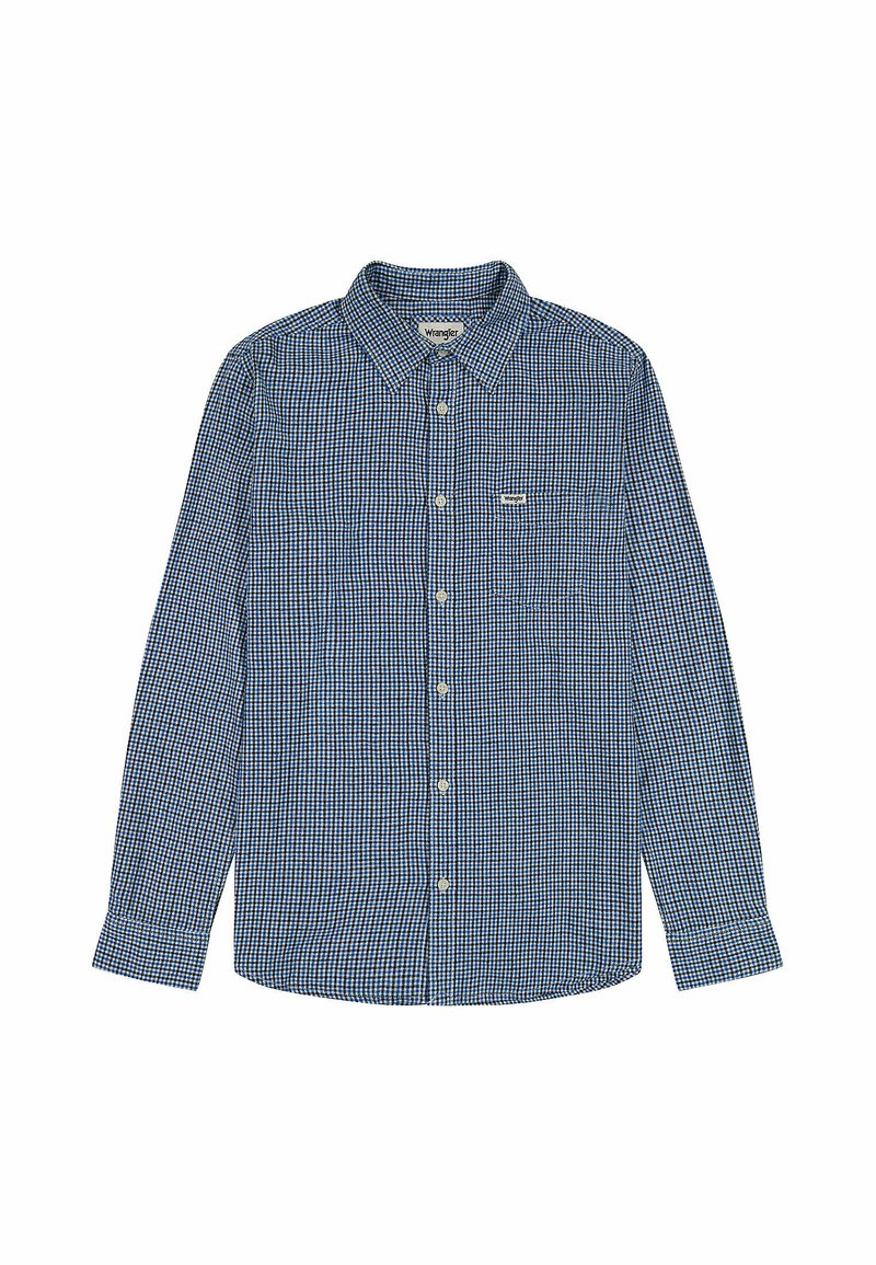 Camicia a maniche lunghe a quadri blu e bianchi con colletto button-down, branding delicato sulla tasca e una texture di cotone liscia.