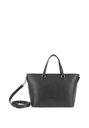 Schwarze strukturierte Lederhandtasche mit zwei Griffen und abnehmbarem Schulterriemen, mit einem dezent geprägten Markenzeichen auf der Vorderseite.