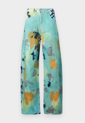 Jeans a vita alta e gamba larga con base turchese e macchie astratte arancioni, blu navy e grigie in un motivo tie-dye.