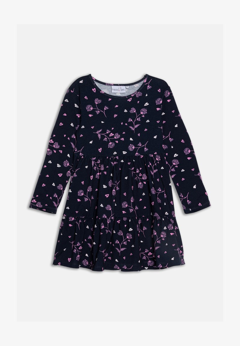 Granatowa sukienka z długim rękawem z kwiatowym wzorem w odcieniach różu i bieli. Rozkloszowany dół z detalami marszczenia i okrągłym dekoltem. Wykonana z miękkiego materiału.